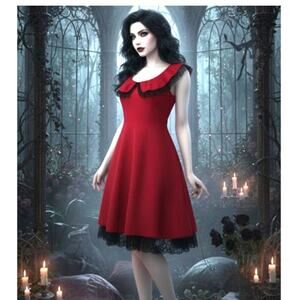 Hot Topic small red black lace ruffle women dress whimsygoth emo grunge steampun